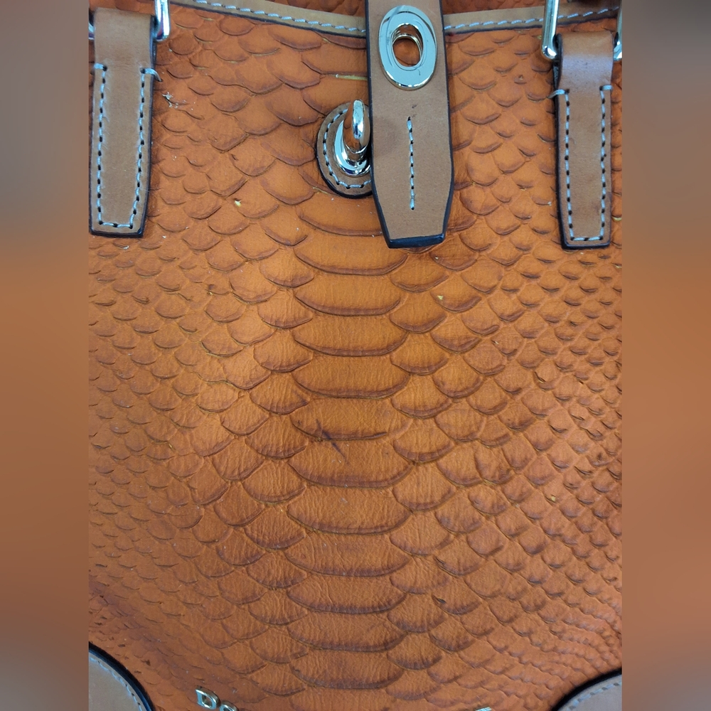 Dooney & Bourke Ostrich Orange and Brown Tote with Structured Design - Picture 3 of 14